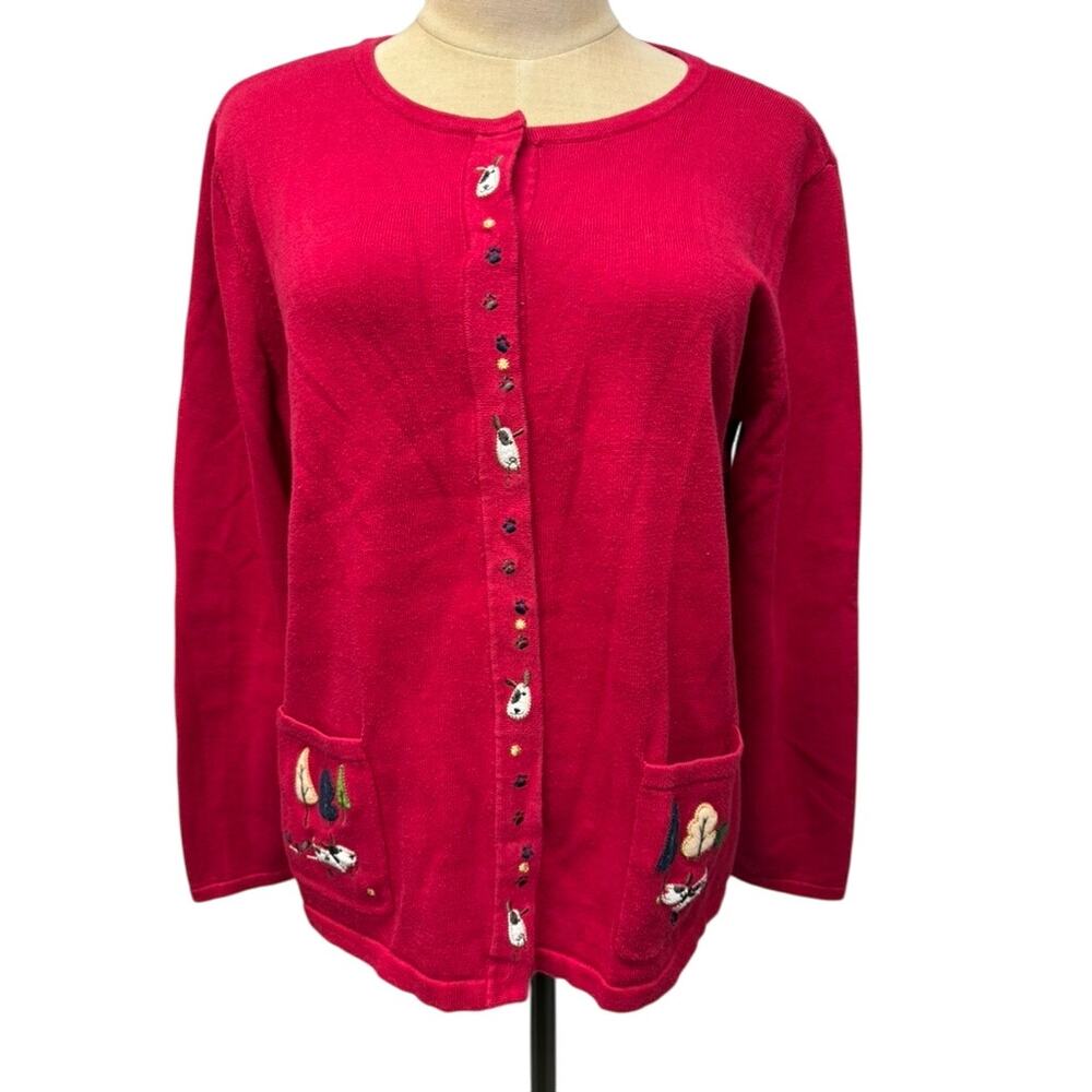 "Christopher & Banks" Womens Red Button Up Sweater Cardigan  Embroidered Dogs‎